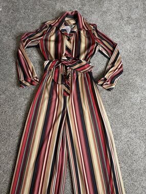 VTG 70s Jumpsuit Hippie Button Front Wide Leg Striped Brown Red Disco Size 10